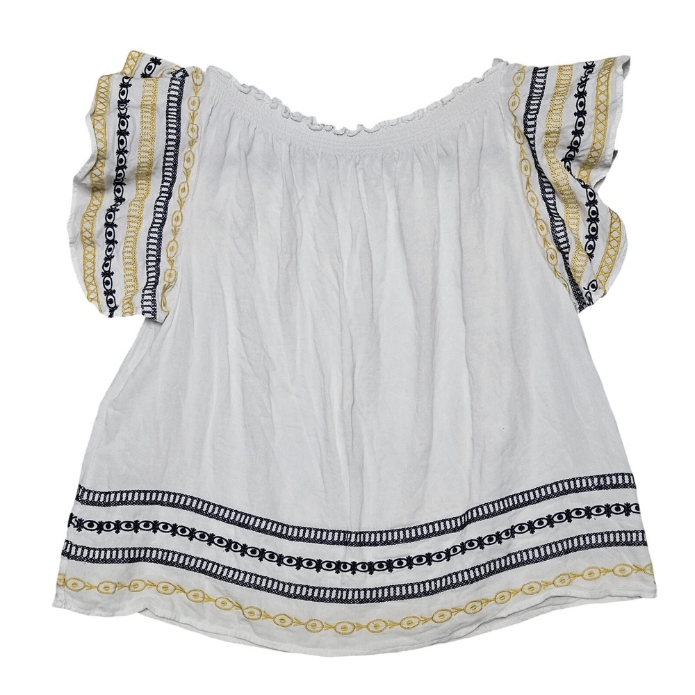 Boho Peasant Folk Embroidered Flutter Sleeve Linen Blend‎ Blouse Womens M White